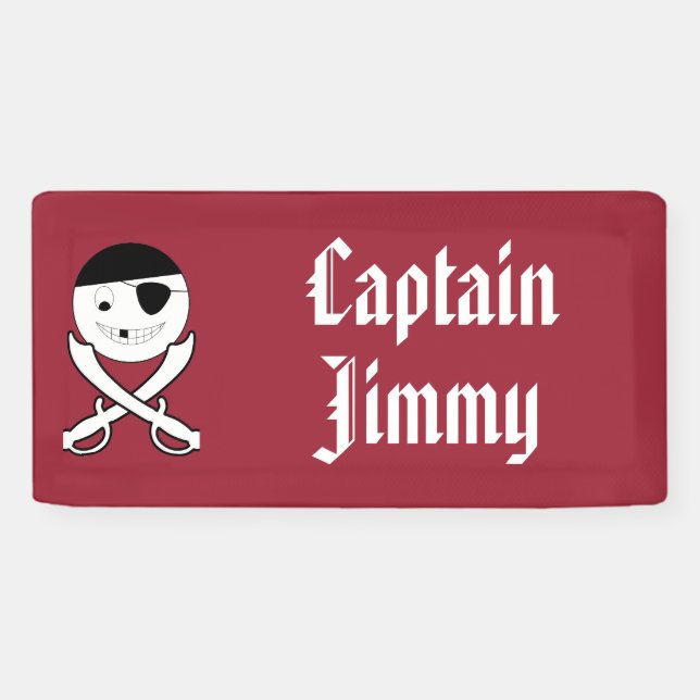 Friendly Smiling Pirate with Crossed Swords on Red Banner (Horizontal)