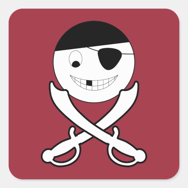 Friendly Smiling Pirate with Crossed Swords on Red Square Sticker (Front)