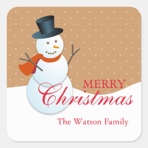 Friendly snowman north pole tan christmas holiday square sticker