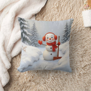 Friendly Snowman with a Red Shovel Throw Pillow