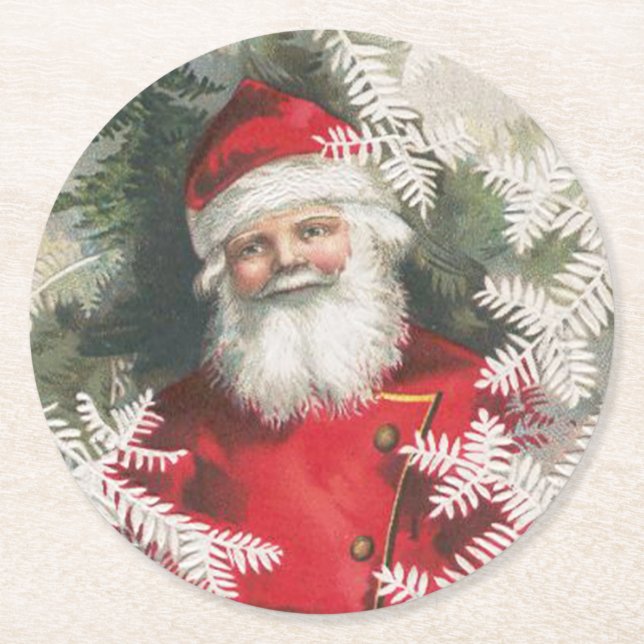 Friendly Vintage Santa Christmas Round Paper Coaster (Front)