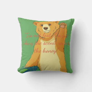 Friendly Waving Bear Cartoon – Vibrant Jungle Gree Throw Pillow