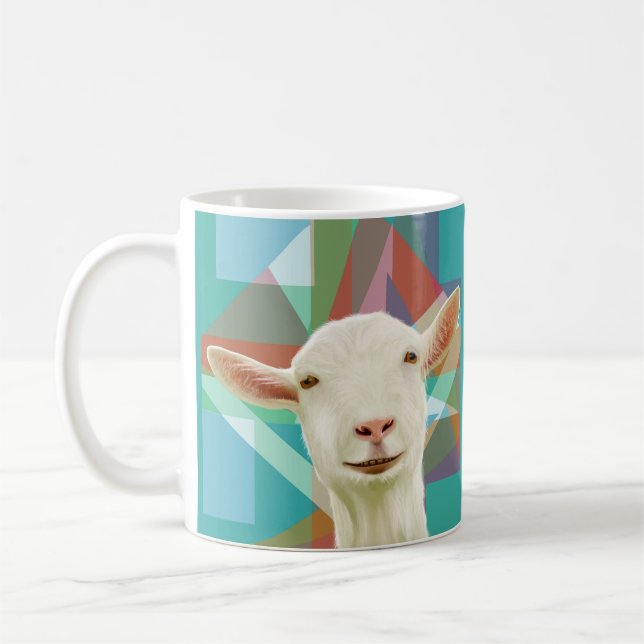 Friendly White Goat Colourful Geometric Background Coffee Mug (Left)