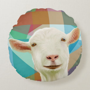Friendly White Goat Colourful Geometric Background Round Pillow