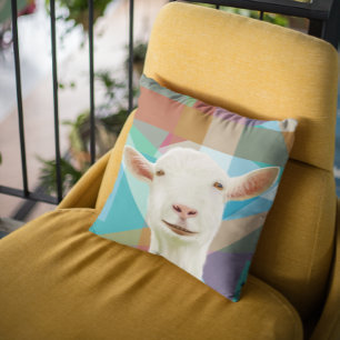 Friendly White Goat Colourful Geometric Background Throw Pillow