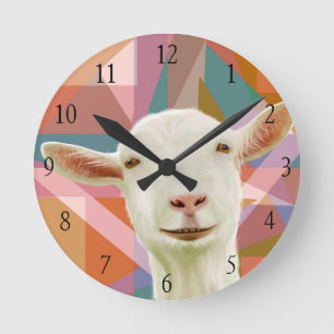 Friendly White Goat Colourful Geometric Orange Round Clock
