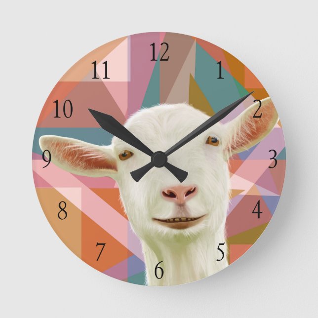 Friendly White Goat Colourful Geometric Orange Round Clock (Front)