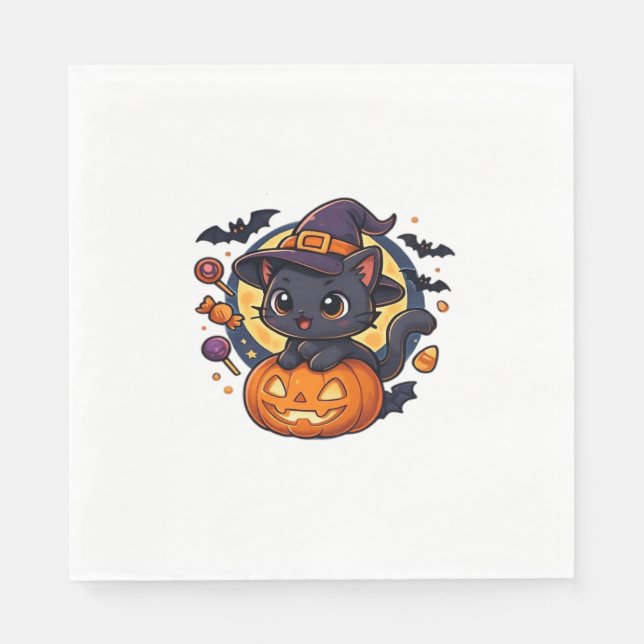 Friendly Witch Hat Cat  Cute Pastel Kawaii Hallowe Napkin (Front)