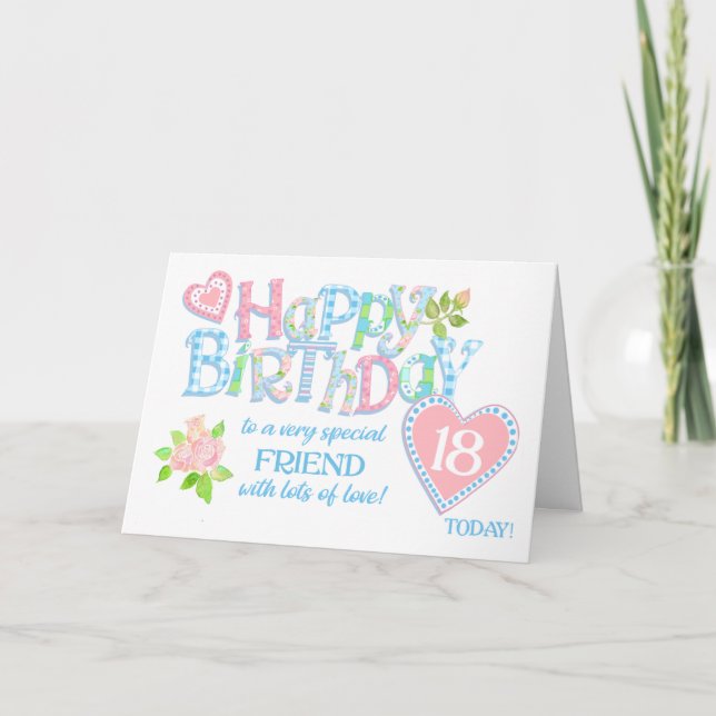 Friend's 18th Birthday Roses Hearts Word Art Card (Front)