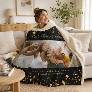 Friends besties photo black gold stars sherpa blanket