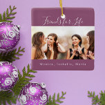 Friends for life photo purple names keepsake ceramic ornament<br><div class="desc">A gift for your best friend(s) for birthdays,  Christmas or a special event. Text: Friends for Life,  written with a trendy hand lettered style script. Personalize and use your own photo and names. A chic purple,  plum coloured background.</div>