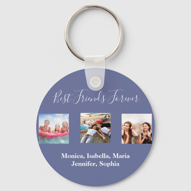 Friends forever BFF custom photo names blue Keychain (Front)