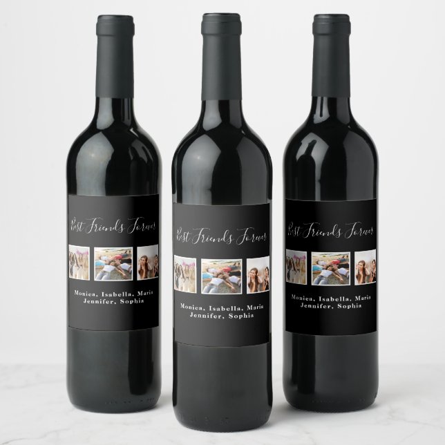 Friends forever BFF photo names black Wine Label (Bottles)