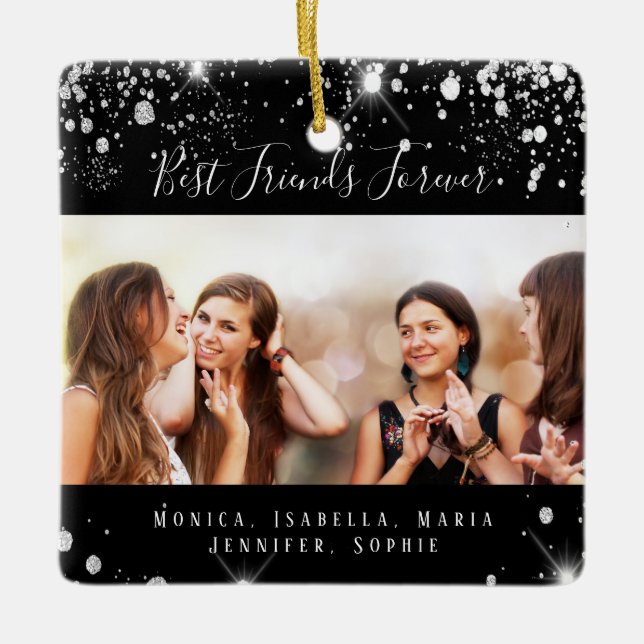 Friends forever black silver glitter photo ceramic ornament (Front)