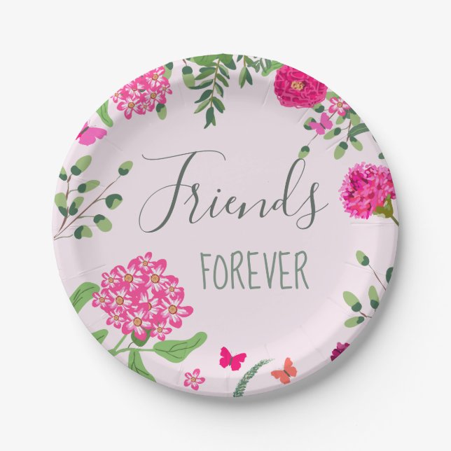 Friends Forever bright flowers and butterflies Paper Plate (Front)
