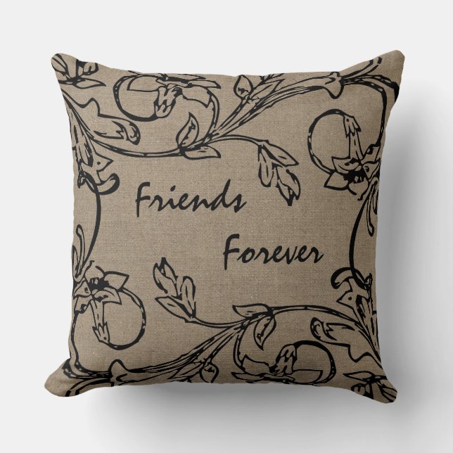 Friends Forever Floral Crewel Work Effect Burlap Throw Pillow (Front)