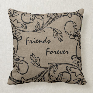 Friends Forever Floral Crewel Work Effect Burlap Throw Pillow
