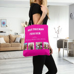 Friends forever hot pink photo collage names tote bag<br><div class="desc">Make your own unique photo collage as a gift for your best friend.  Use four,  4 of your favourite photos. With the text:  Best friends forever. Personalize and add your name(s).
Hot pink background.  Perfect as a birthday,  Christmas gift or for a special event.</div>