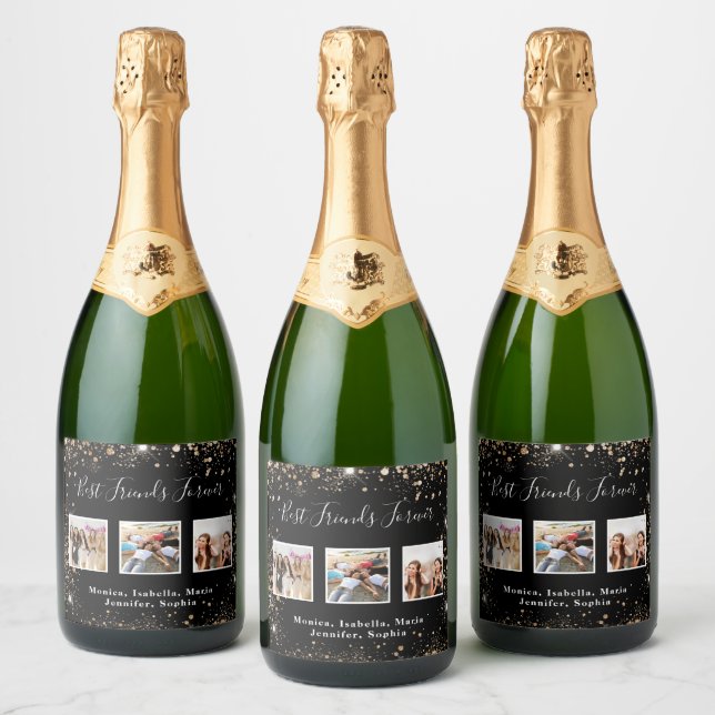Friends forever photo black gold glitter dust sparkling wine label (Bottles)