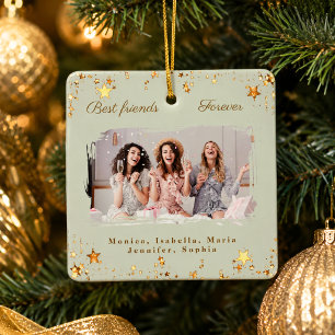 Friends forever photo sage green gold stars ceramic ornament