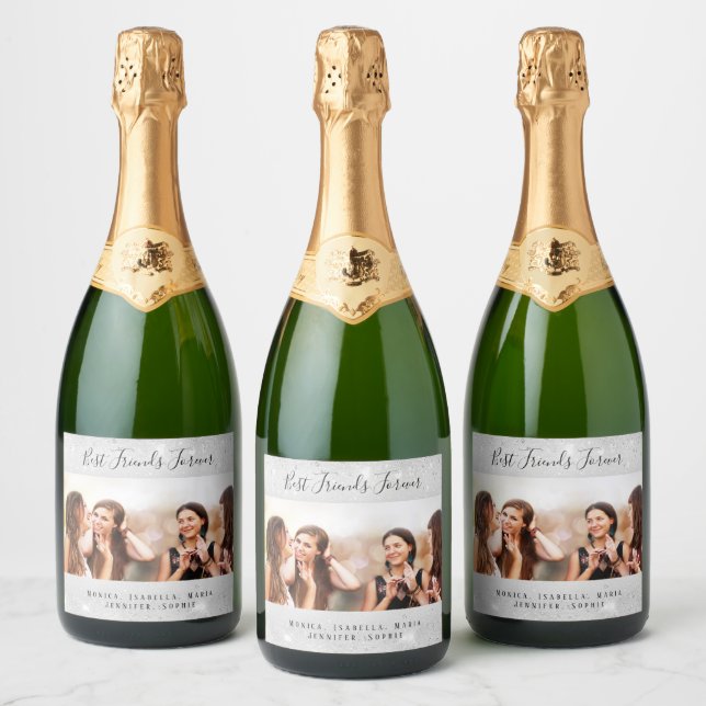 Friends forever photo silver glitter names sparkling wine label (Bottles)