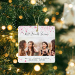 Friends forever white pink glitter photo names ceramic ornament<br><div class="desc">A gift for your best friend(s) for birthdays,  Christmas or a special event. Text: Best Friends Forever,  written with a trendy hand lettered style script. Personalize and use your own photo and names. A chic white background decorated with pink faux glitter dust.</div>
