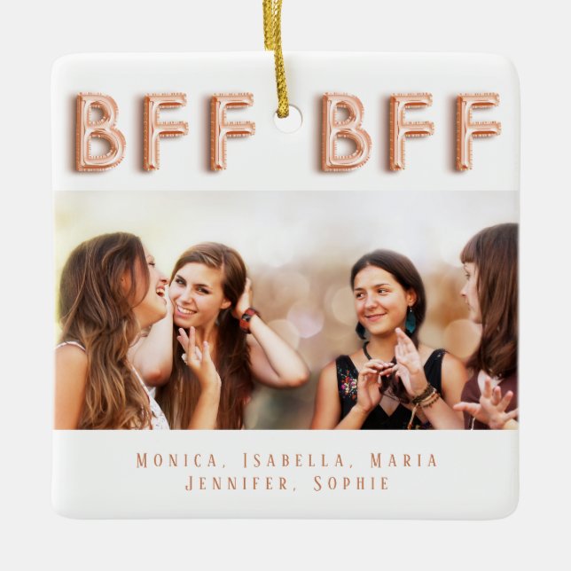 Friends forever white rose gold photo names ceramic ornament (Front)