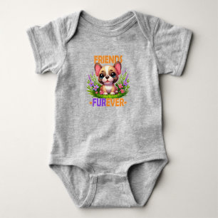 Friends Furever pun. Cute French Bulldog puppy dog Baby Bodysuit