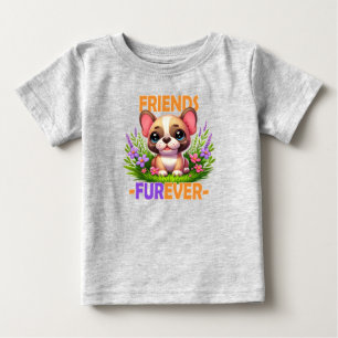 Friends Furever pun. Cute French Bulldog puppy dog Baby T-Shirt