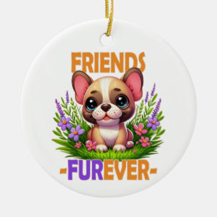 Friends Furever pun. Cute French Bulldog puppy dog Ceramic Ornament