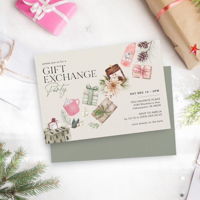 Friends Gift Exchange Green Holiday Party Invitation (Creator Uploaded)
