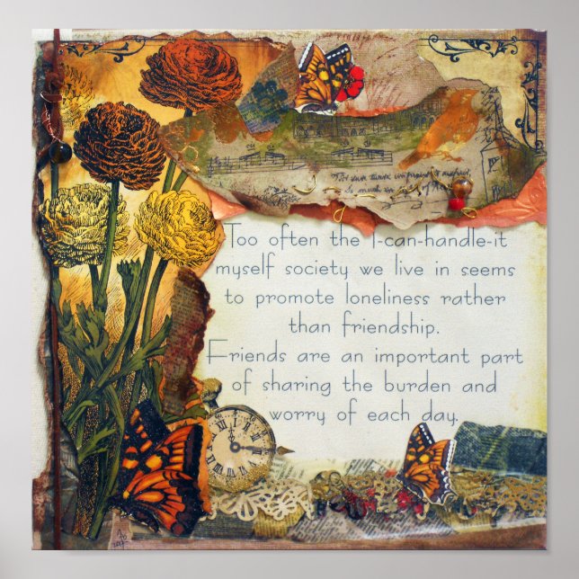 Friends Mixed Media Butterflies Flowers Collage Poster (Front)