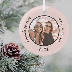 Friends photo names blush pink glass ornament