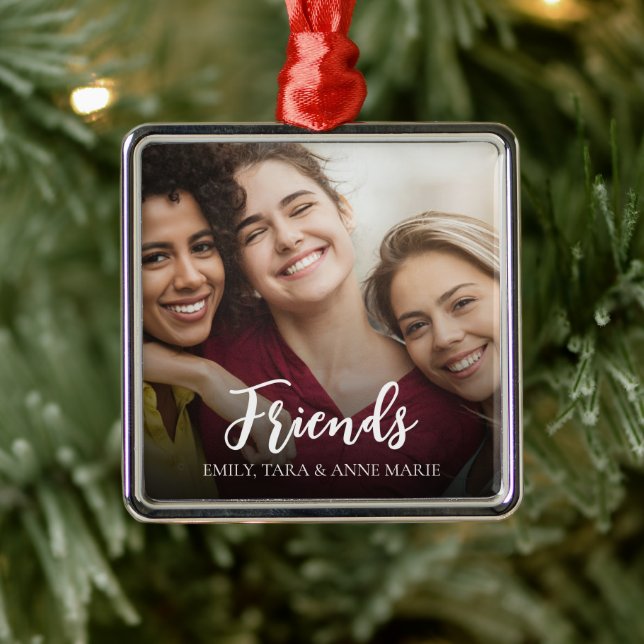 Friends Photo Simple Calligraphy Custom Metal Ornament (Tree)