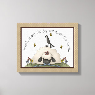 Friends Primitive Country Sheep & Crow Canvas Print
