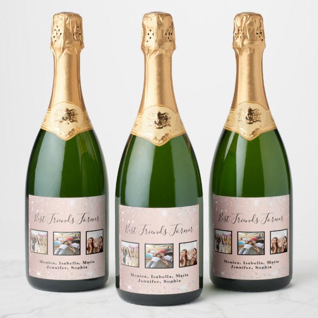 Friends rose gold silver glitter photo sparkling wine label (Bottles)