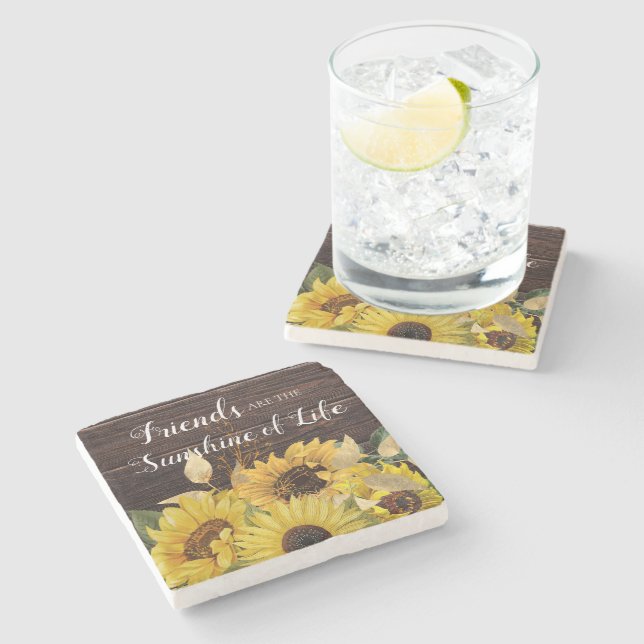 Friends Sunshine Yellow Sunflowers Rustic Wood Stone Coaster (Side)