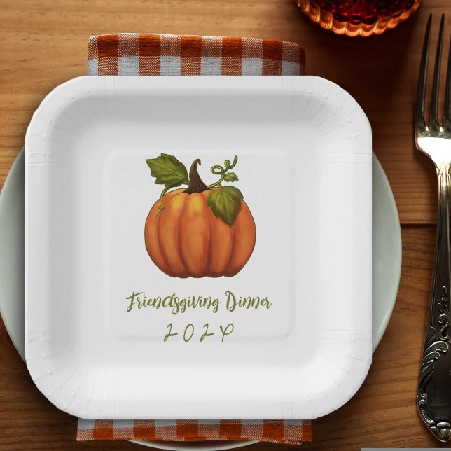 Friendsgiving Dinner Dated Pumpkin Paper Plate (Creator Uploaded)