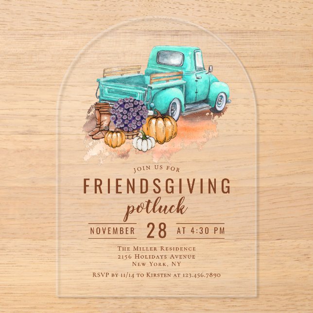 Friendsgiving Dinner Potluck Rustic Farm Truck Acrylic Invitations (Front)