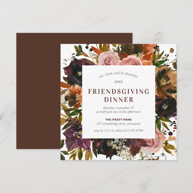 Friendsgiving Dinner Rustic Red Floral Invitation (Front/Back)