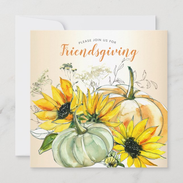 Friendsgiving Dinner Sunflower Floral w/ Pumpkins Invitation (Front)