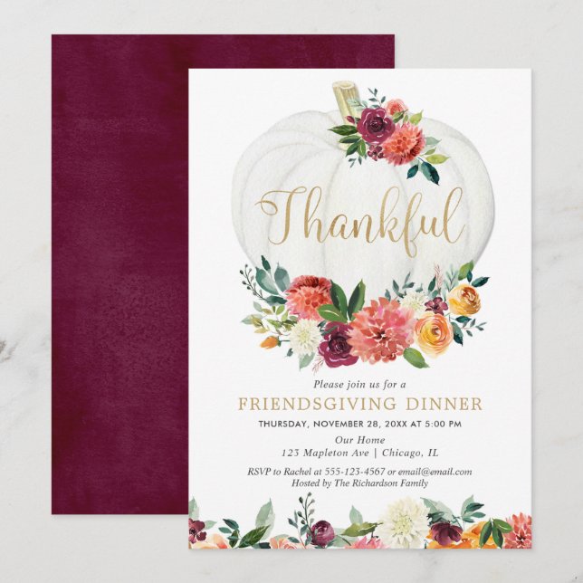 Friendsgiving Dinner Thankful elegant fall floral Invitation (Front/Back)