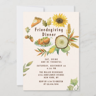 Friendsgiving Dinner Turkey Pumpkin Pie Sunflowers Invitation
