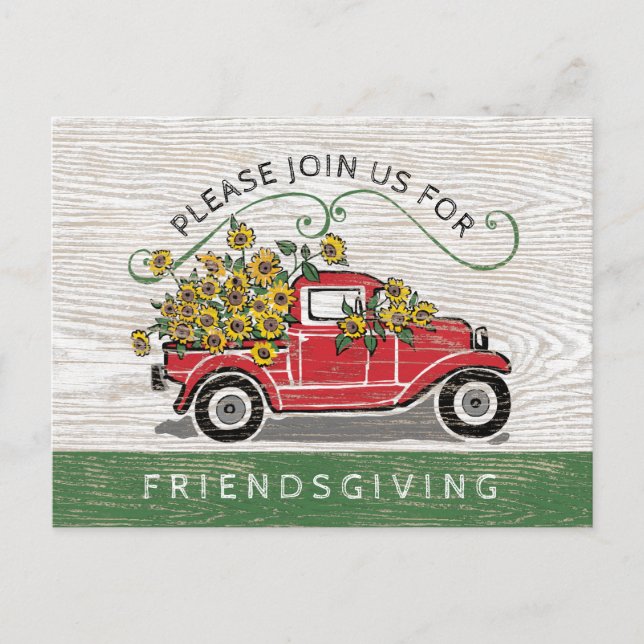 Friendsgiving Dinner Vintage Red Truck Sunflowers Invitation Postcard (Front)