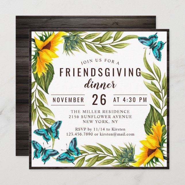 Friendsgiving Dinner Watercolor Sunflowers Invitation (Front/Back)