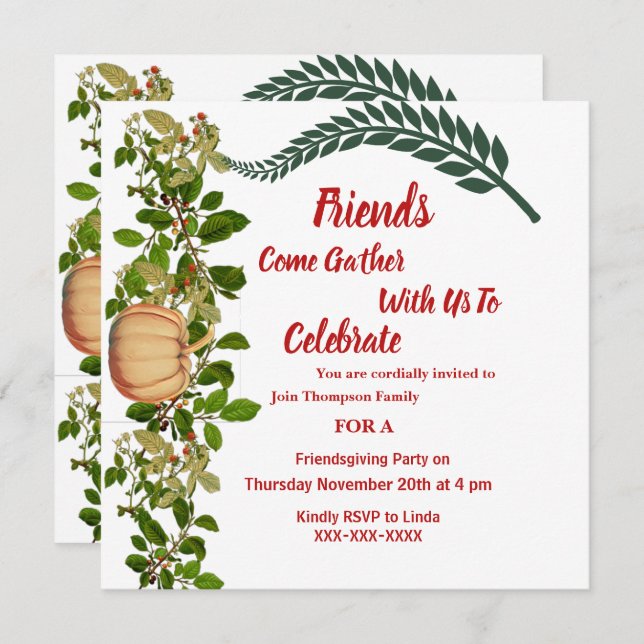Friendsgiving Fall Autumn Green Leaves Pumpkin Inv Invitation (Front/Back)