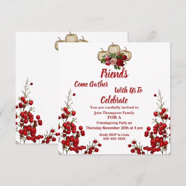 Friendsgiving Fall Autumn Pumpkins Roses Berries Invitation (Front/Back)