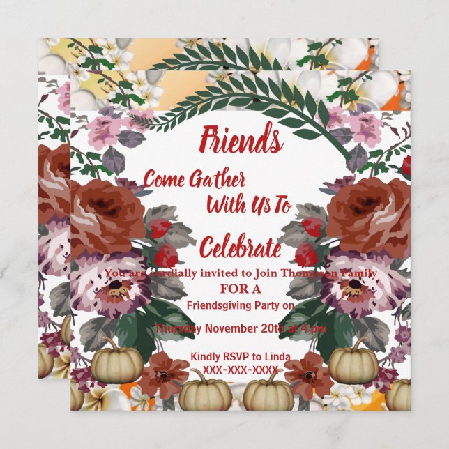 Friendsgiving Fall Autumn Pumpkins Watercolor Rose Invitation (Front/Back)