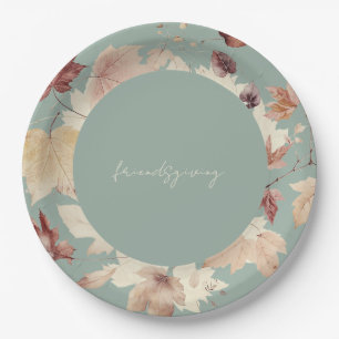 Friendsgiving Fall Leaves Sage Thanksgiving Paper Plate