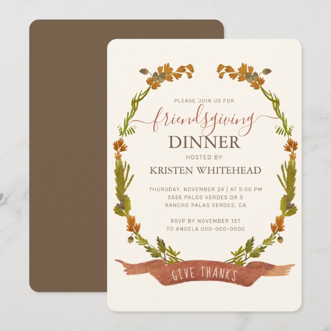 Friendsgiving Fall Wreath Give Thanks Invitation (Front/Back)